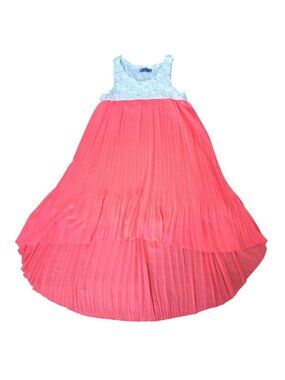 Truly Me Girls Dress 16 Coral Pleated High Low hem Floral Lace Bodice Sleeveless